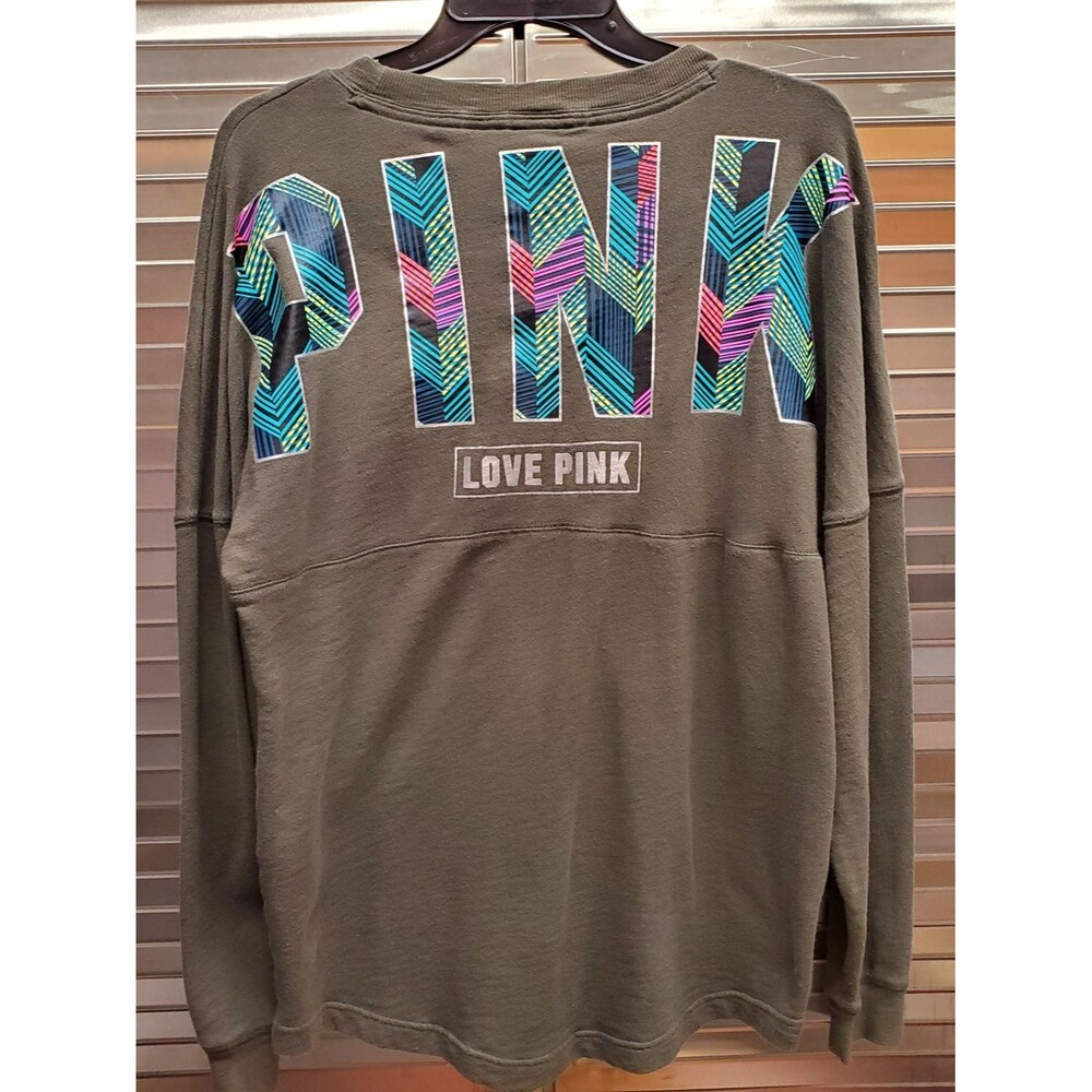 PINK Victoria's Secret Olive Green Crewneck with Multicolor Chevron Logo